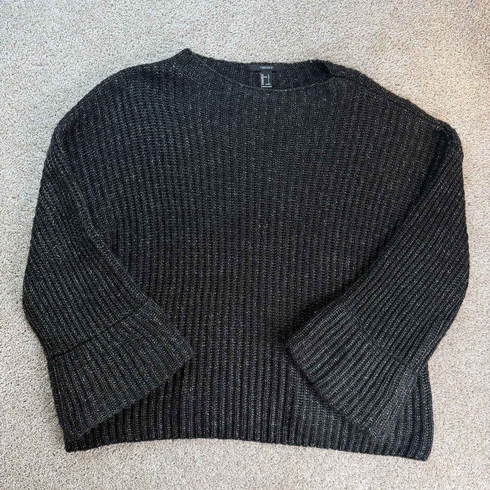 Forever 21 Sweater Womens L Black Chunky Knit Mohair Blend 3/4 Sleeve Pullover
